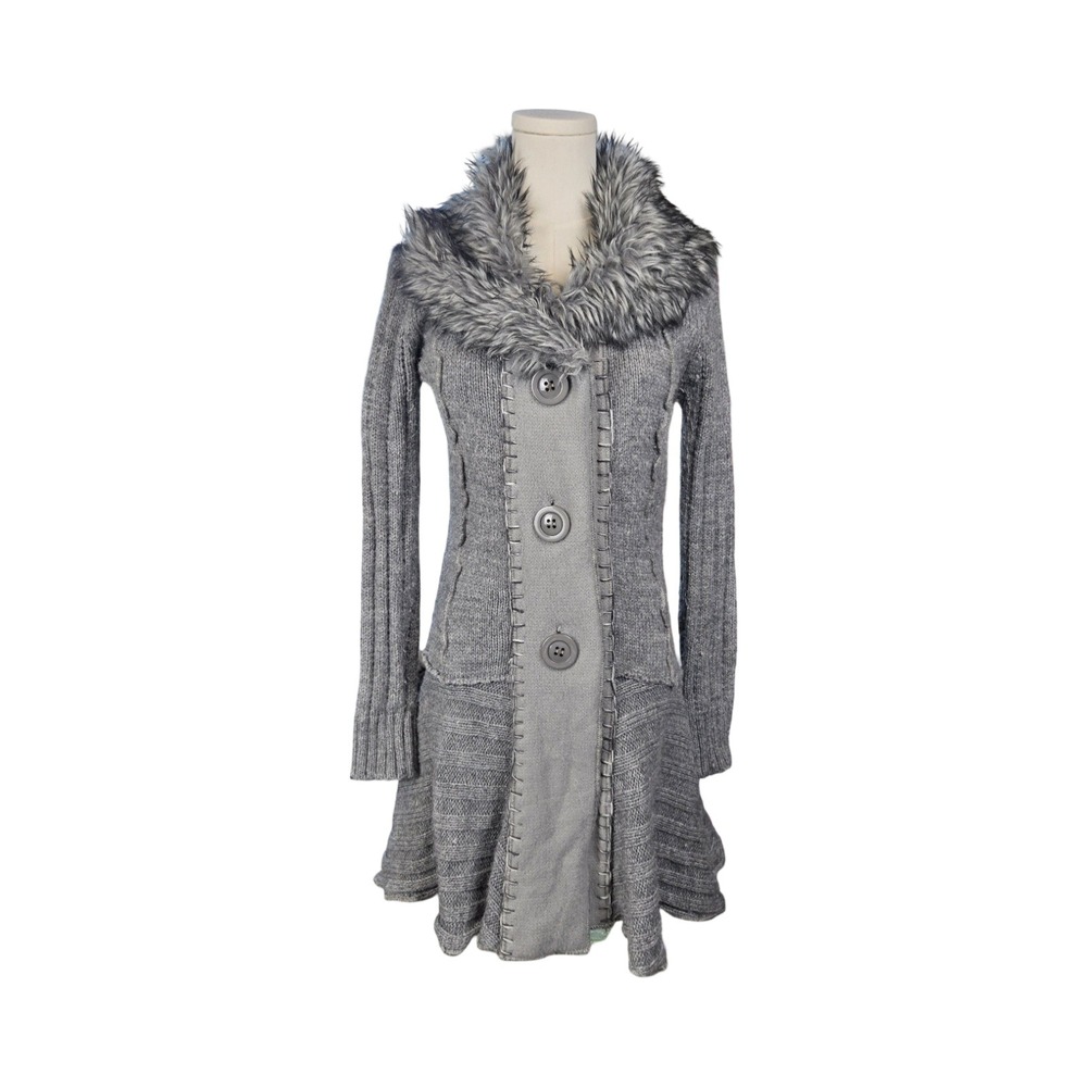 Roz & Ali Gray Knit Faux Fur Collar Duster Long Cardigan Sweater Coat Wool Blend